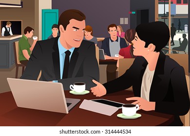 A vector illustration of businesspeople eating together in the cafeteria