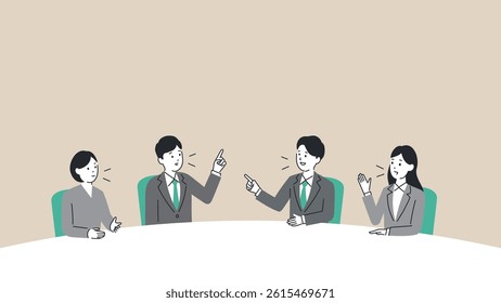 Vector illustration of businesspeople exchanging opinions around a conference table, with a title space at the top