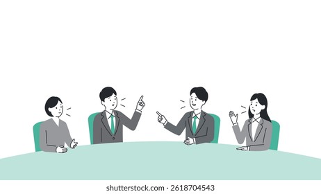 Vector illustration of businesspeople exchanging opinions around a conference table, with a title space at the top