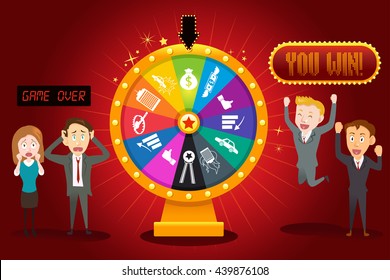 A vector illustration of businesspeople with financial wheel of fortune for gambling concept