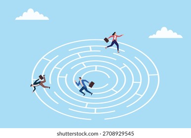 Ilustración vectorial de empresarios que navegan por un laberinto circular, que simboliza la resolución de problemas, el pensamiento estratégico, la superación de desafíos y la búsqueda del camino correcto hacia el éxito
