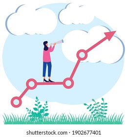 Vector illustration of businessperson with vision of opportunity and reach. Seeking future plans for success using motivational inspiration as a mission, the scene reaches above symbolic reach.