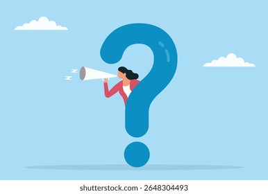 Ilustração vetorial de uma empresária anunciando um problema através de um megafone atrás de um grande ponto de interrogação, simbolizando a comunicação em meio à incerteza e à busca de soluções
