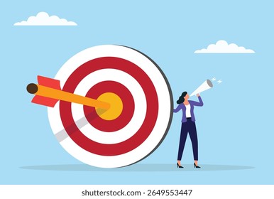 Vector illustration of a businesswoman announcing through a megaphone beside a target sign, symbolizing effective communication, marketing strategies, goal focus, and leadership
