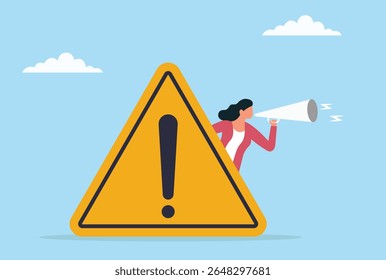 Ilustração vetorial de uma empresária anunciando uma mensagem de aviso através de um megafone por trás de um grande sinal de aviso, simbolizando comunicação urgente e consciência de alerta
