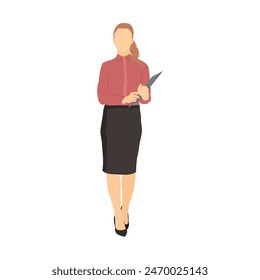 Vector illustration of businesswoman cartoon character in various pose. Beautiful business woman in office style smart suit. Office employee standing for creative ilustration