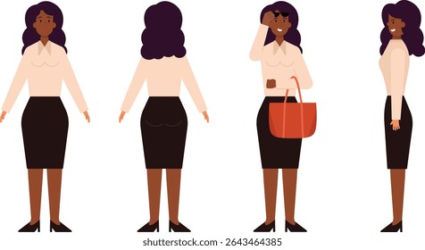 Vector illustration of a businesswoman character shown in front, back, side, and carrying bag poses. Flat cartoon style for animation, character rigging, and explainer use.