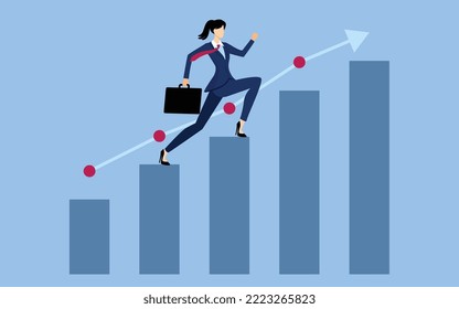 Vector illustration of businesswoman climbs increasing chart with confidence