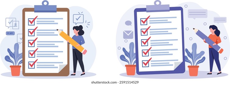 Vector illustration of a businesswoman completing a task checklist on a clipboard. Represents productivity, workflow management, goal tracking, and business organization. 