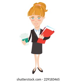 Vector illustration Businesswoman with document folder and cup of coffee. Flat style