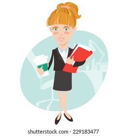 Vector illustration Businesswoman with document folder and cup of coffee. Flat style