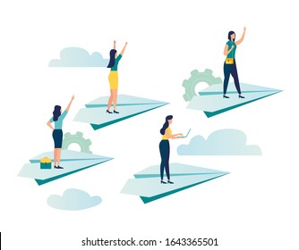 vector illustration, businesswoman fly behind the leader on paper planes up and pointing to success