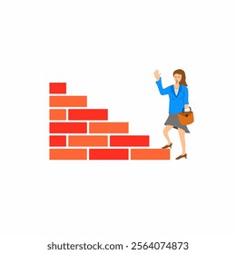 Vector illustration of a businesswoman in formal wear climbing a red brick staircase, symbolizing career advancement, ambition and success.