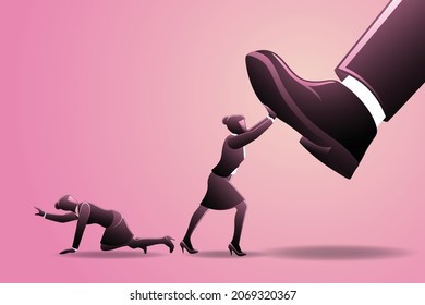 Vector Illustration Of Businesswoman Help Her Friend From Giant Stomp