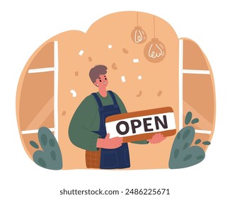 Vector illustration of businesswoman in her closed shop. Open mini business. Service for customers. A shop is open