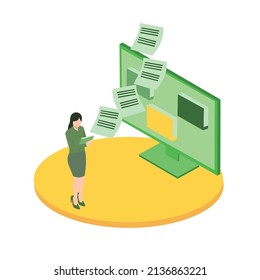 Vector illustration Businesswoman holding a folder with documents from the archive managing online digital database. Isometric Database, Archive, Folder in the archives. Drawer with folders for files.