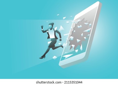 Vector illustration of businesswoman jump out from smartphone screen