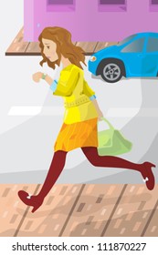 A vector illustration of a businesswoman late for work, looking at her watch