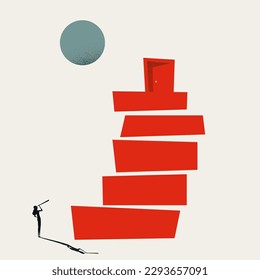 Vector Illustration of a businesswoman looking at abstract steps symbolizing career ambition, new opportunities. Minimal illustration design style.