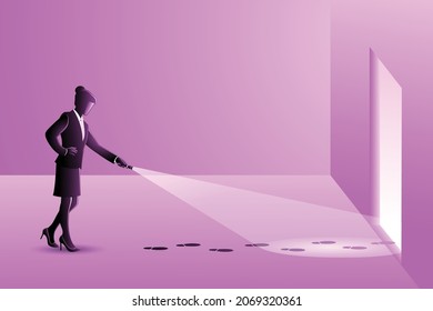 Vector illustration of businesswoman looking at step trail towards door use flashlight