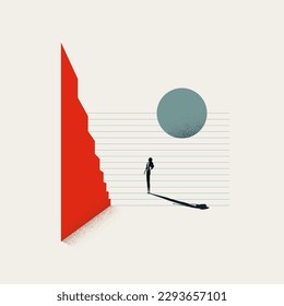 Vector illustration of a businesswoman looking at tall stairs, symbolizing career opportunities and advancement up the corporate ladder. Minimal illustration design style, eps10