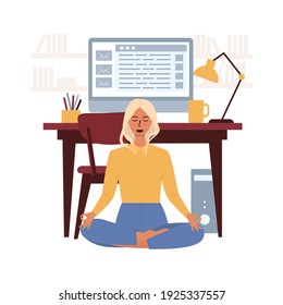 Ilustración vectorial de una mujer de negocios meditando en el suelo cerca de un escritorio para relajarse debido al estrés. El concepto de relajación y meditación durante la jornada laboral para evitar el agotamiento emocional