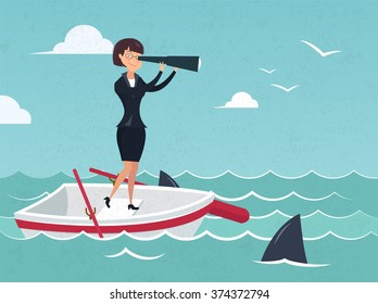 Vector illustration of businesswoman on boat watching through telescope Search for opportunities. Concept business illustration