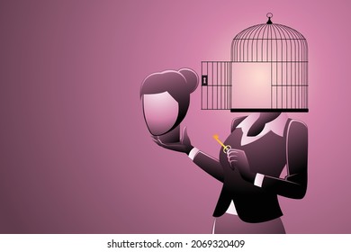 Vector illustration of businesswoman with open bird cage head, put his head on his hand, meanwhile other her hand holding key