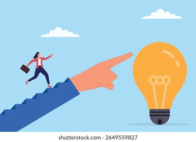 Ilustração vetorial de uma empresária correndo em uma mão que ajuda em direção a uma lâmpada elétrica, representando apoio, colaboração, inovação e a jornada em direção a ideias de negócios brilhantes
