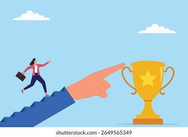 Ilustração vetorial de uma empresária correndo em uma mão de ajuda em direção a um troféu de ouro, simbolizando trabalho em equipe, apoio, ambição e a busca do sucesso e da excelência
