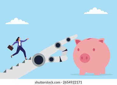 Ilustração vetorial de uma empresária correndo em uma mão robótica em direção a um mealheiro, simbolizando o crescimento financeiro impulsionado pela IA, economias apoiadas por tecnologia e estratégias modernas de investimento

