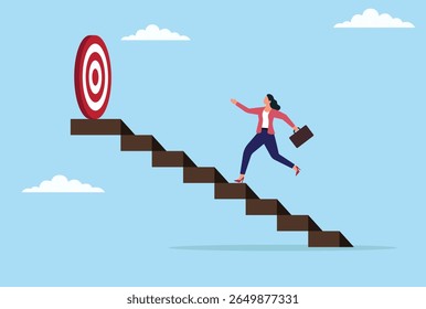 Vector illustration of a businesswoman running up stairs toward a target, symbolizing determination, goal pursuit, career growth, and striving for success in business
