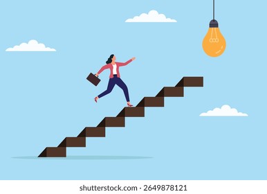 Vector illustration of a businesswoman running up stairs toward a light bulb, symbolizing ambition, creativity, and the journey toward innovative ideas and professional success

