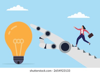Ilustração vetorial de uma empresária correndo em direção a uma lâmpada elétrica, seguida por uma mão robótica, simbolizando inovação, apoio à IA, criatividade e o futuro das ideias de negócios
