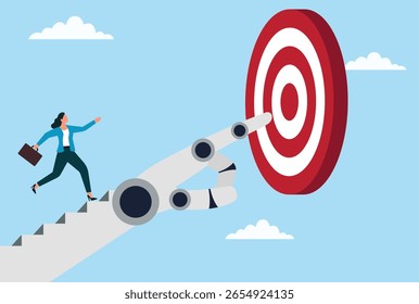 Ilustração vetorial de uma empresária correndo em direção a um alvo, seguida por uma mão robótica, simbolizando a realização do objetivo, suporte de IA, trabalho em equipe e sucesso impulsionado pela tecnologia
