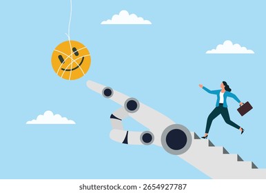Ilustração vetorial de uma empresária correndo em direção a um ícone sorridente, seguida por uma mão robótica, simbolizando a felicidade do cliente, suporte de IA, engajamento positivo e sucesso impulsionado pela tecnologia
