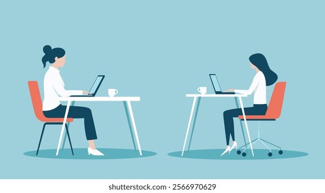 Vector illustration of a businesswoman sitting at a desk, focused on a laptop with a cup of coffee beside her