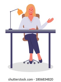 Vector illustration of businesswoman sitting at the table in the office and working. Lady gesturing waving hand. Isolated woman smiling, wearing office suit. Workplace of office worker, lamp at table