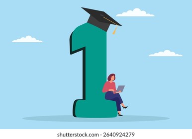 Vector illustration of a businesswoman sitting under a 1st place award and graduation cap while using a laptop, symbolizing hard work, achievement, and the blend of education and career
