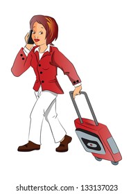 Vector Illustration of businesswoman talking on cellphone while pulling her luggage, isolated on white background.