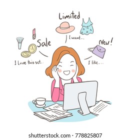 Vector illustration businesswoman thinking about shopping so happy and funny at her desk.Doodle cartoon style.