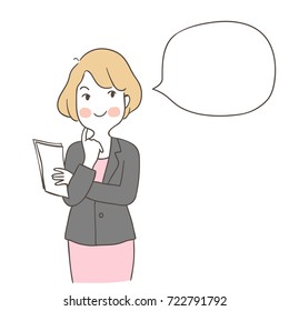 Vector illustration businesswoman thinking something about her project and speech bubble.Doodle cartoon style.