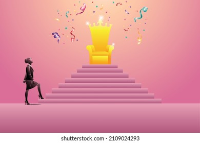 Vector illustration of businesswoman walking up on stairs to golden throne