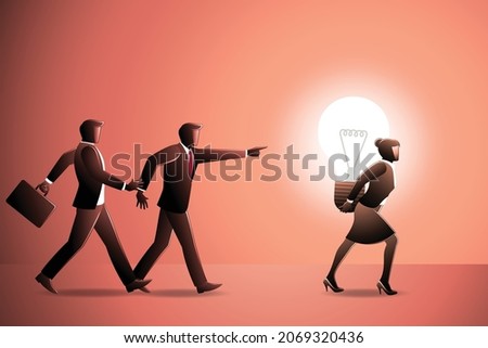 Vector illustration of a businesswoman walking while bearing big bulb meanwhile two businessman following her