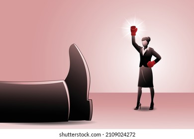 Vector illustration of businesswoman wearing boxing gloves standing near a giant leg lying near him