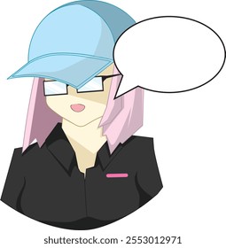 Vector illustration of a businesswoman wearing pink hair glasses with word balloons