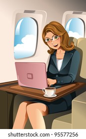 A vector illustration of a businesswoman working on her laptop in the airplane