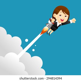 Vector illustration - businesswomen with a bulb rocket. 