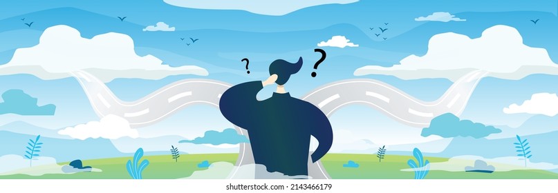 Vector Illustration Bussines Man Contemplate, Think, Confuse Which Way To Choose Or To Go Left Or Right.