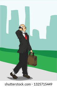 Vector illustration of bussines man walking in park in big city with skyscarpers in background during break